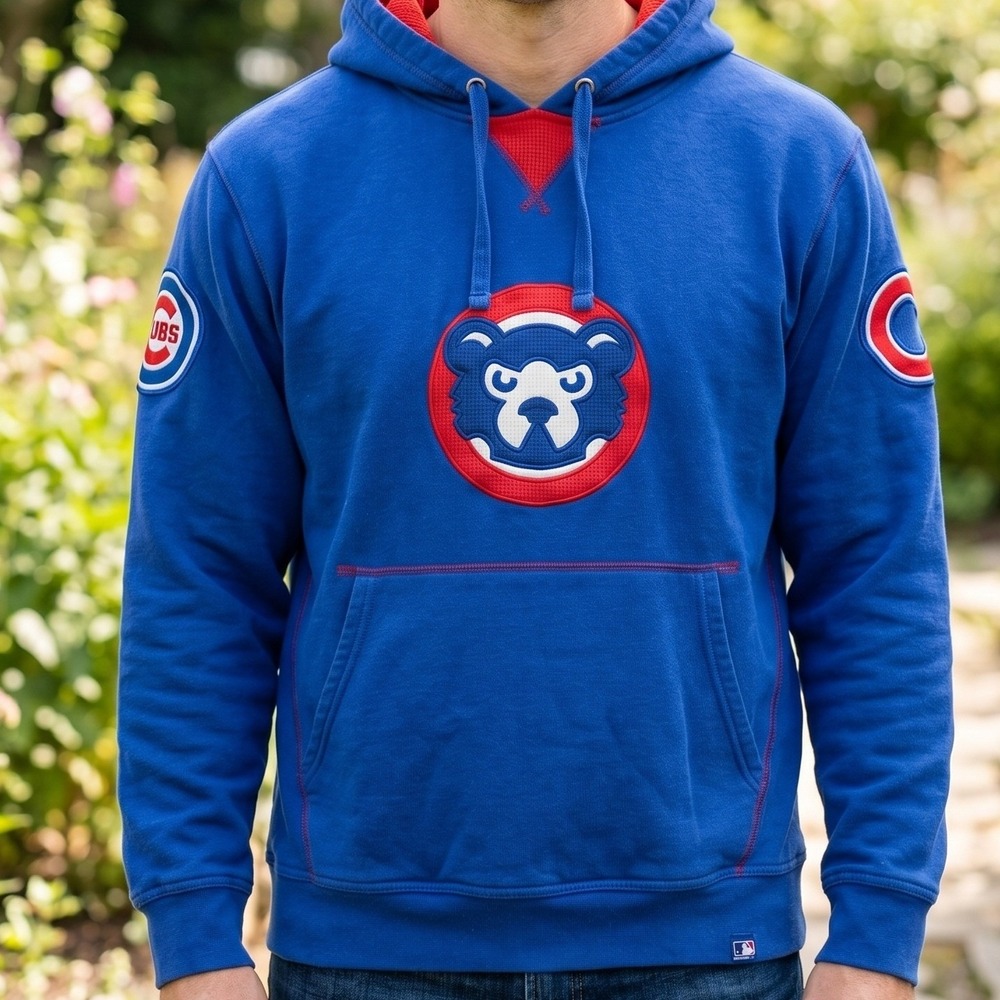 Majestic Chicago Cubs Cooperstown Collection Hoodie Blue Red Angry Bear MLB Mens